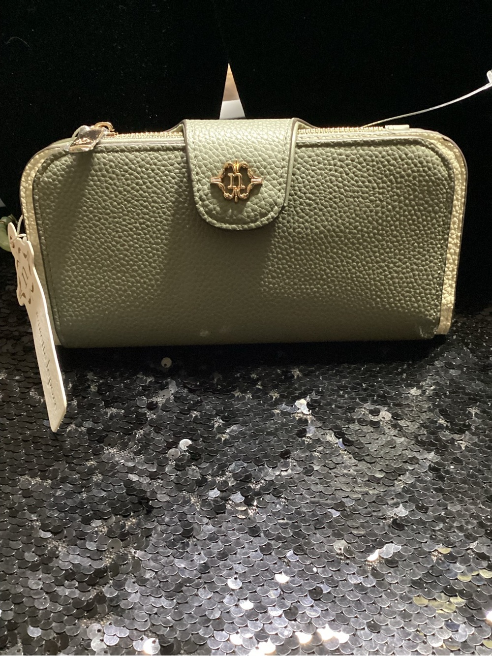 Nanette Lepore Olive Green Pebbled Zip-Around Wallet with Gold Logo